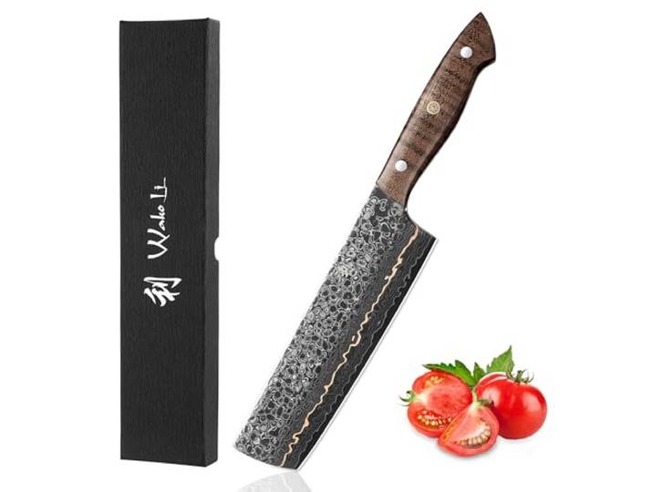 Wakoli Kawa Nakirimesser 18 cm mit Kupfereinlage und Ahornwurzelholzgriff 67 Lagen Damaststahl mit VG10 Kern, Full Tang und 15 Grad V-Schliff für präzise Gemüse- und Kräuterschnitte, in Geschenkbox