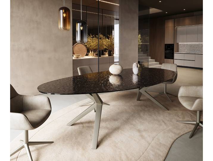Esstisch Edge Oval 280x130 Reliefglas Rauchschwarz 3D-Design Zenthara kantig Metall Effektfinish Titan, Esstische