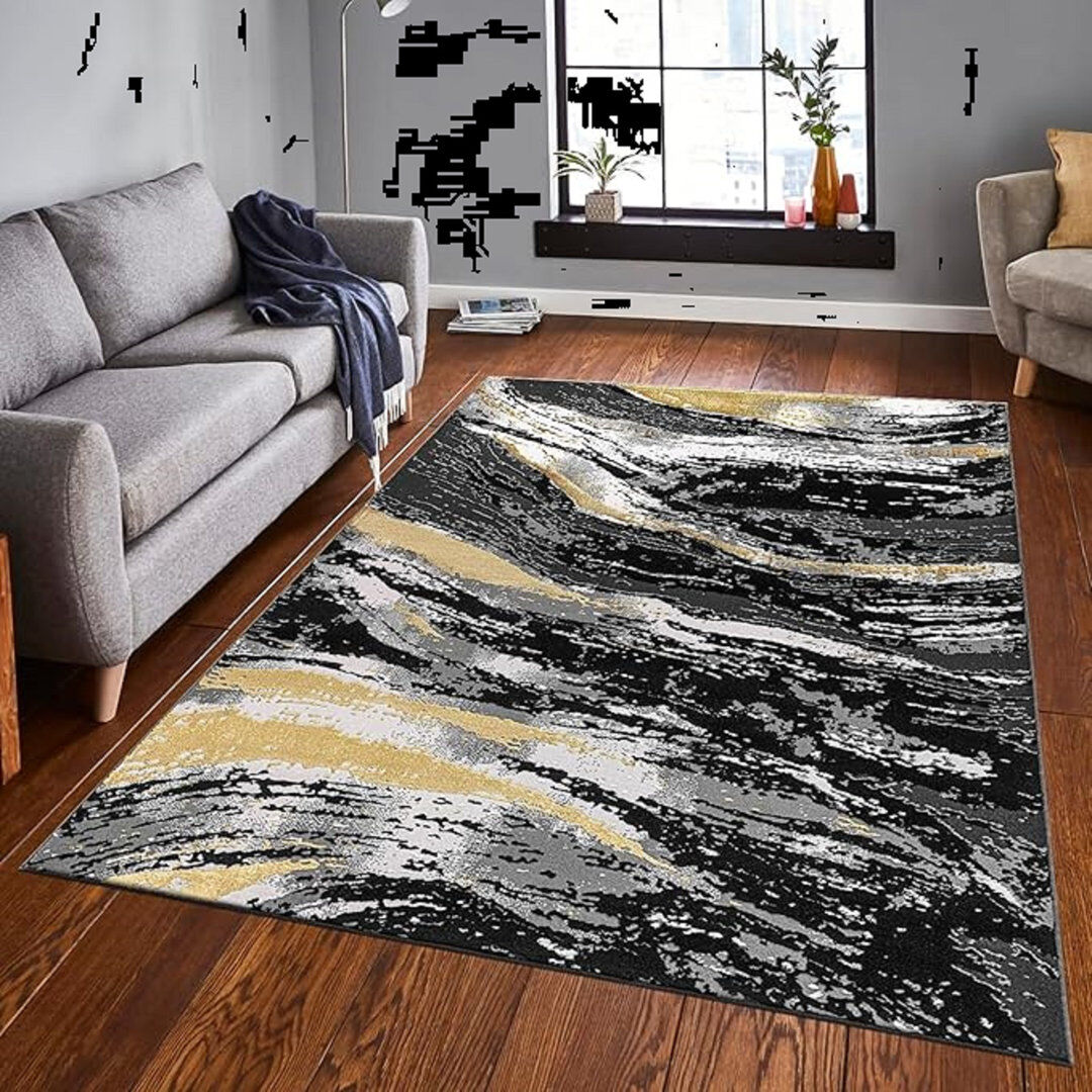 Canora Grey Abstract Shag Black Rectangle 200 x 290 cm
