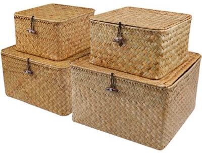 Discount Dollar Deals Set Of 4 Seagrass Baskets With Lid, Wicker Storage Organizer For Shelf, Flat Storage Bins And Decor Set Of 4 Seagrass Baskets With Lid, Wicker Storage Organizer For Shelf, Flat Storage Bins And Decor