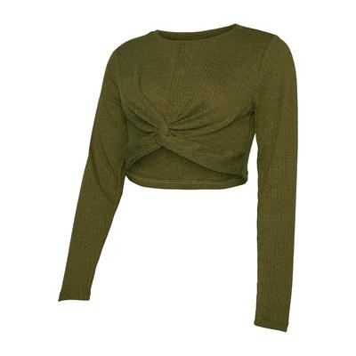 Langarmshirt MAMALICIOUS "MLMELONI LS CROP TOP NOOS", Damen, Gr. L, grün (sphagnum detail:melange), Jersey, Obermaterial: 95% Polyester, 5% Elasthan, meliert, regular fit normal, Rundhals, Shirts Langarmshirt, Materialmix, regular fit