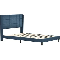 OKWISH Polsterbett 140x200 Blau Leinen mit gepolstertem Kopfteil Lattenrost langlebige Holzlatten modernes Schlafzimmerbett einfach montierbar