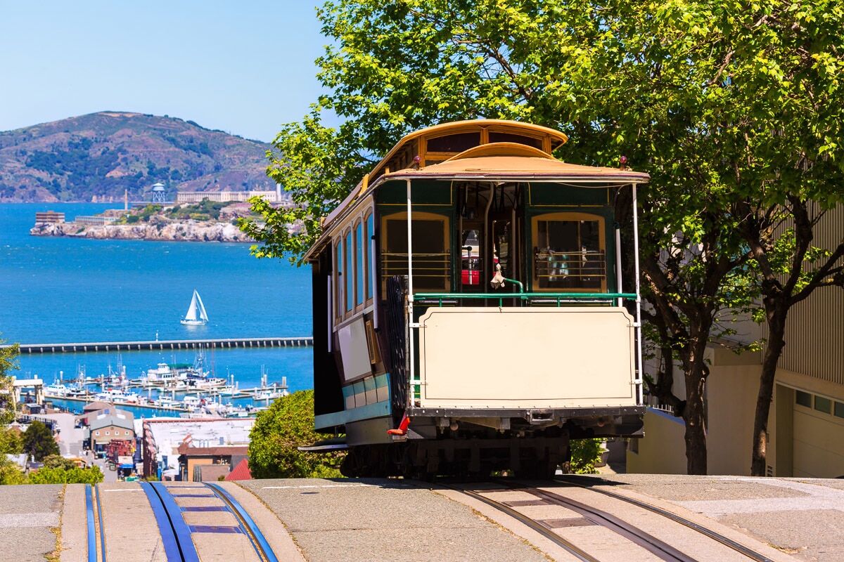 Fototapete PAPERMOON "Seilbahn San Francisco", bunt, B:4,5m L:2,8m, Vlies, Tapeten, Fototapete bunt B/L: 4,5m x 2,8m, Bahnen: 9 Stk.