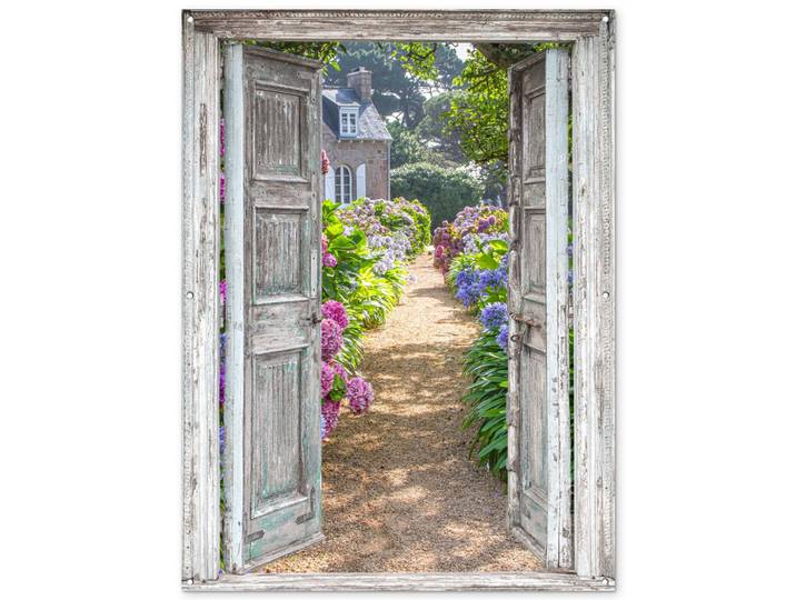 OnlyWow Gartenposter Durchblick - Hortensie - Blumen Gartendekoration 120x160 cm, Hellgrau, Kunststoff, Rechteckig, 120x160x0.2 cm, Bilder & Rahmen, Bilder, Sonstige Wandbilder