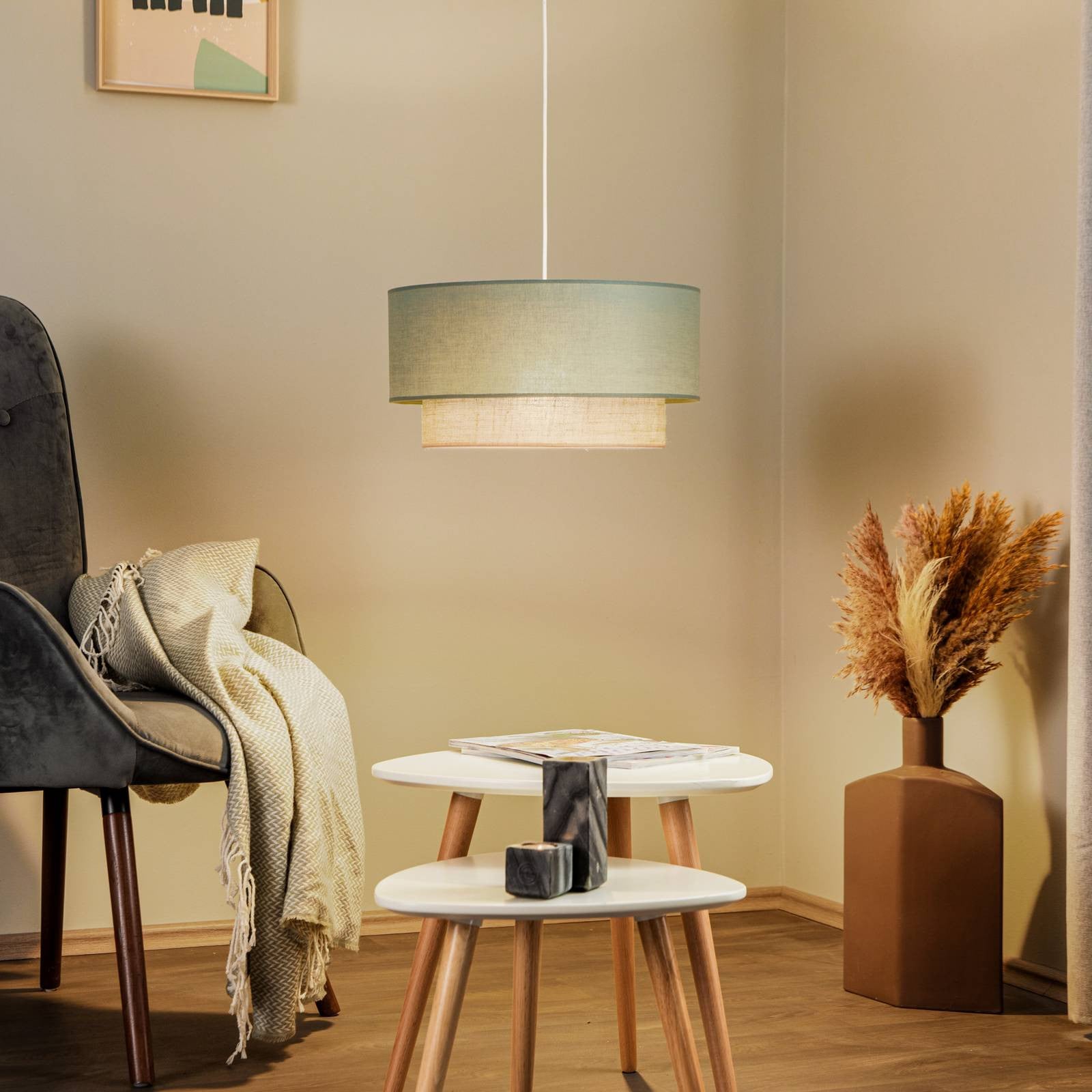 Duolla Boho Hanglamp met Textiel en Metaal, Dimbaar, Bruin/Groen/Wit