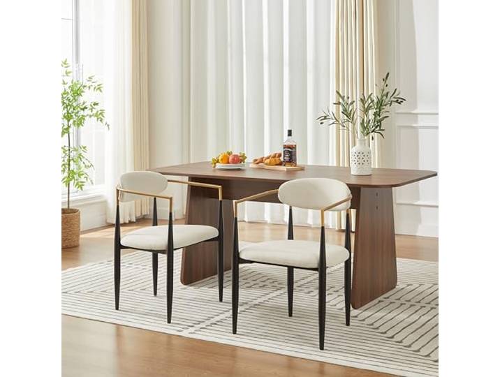 2er-Set Esszimmerstuhl Grau Beige Stoff Modern Eleganz Cremefarbenes Stoffkissen mit geschwungener Rückenlehne