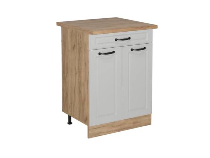 Vicco Küchenunterschrank R-Line, Weiß Landhaus, 60 cm MDF-Front · Arbeitsplatte Eiche · Höhenverst. Füße · 2 Türen · Leichter Zugriff