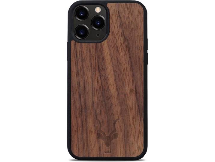 Kudu iPhone 13 Pro - Houten backcover - Handgemaakt TPU - Walnoot - Zwart