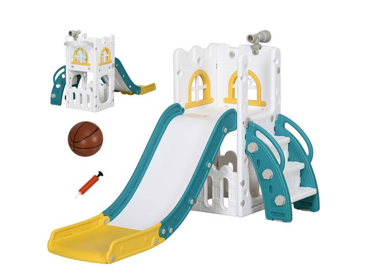 AIYAPLAY Kinderglijbaan, 5-in-1, peuterglijbaan met basketbalring, telescoop en klimrek Geel 70 x 177 x 92 cm