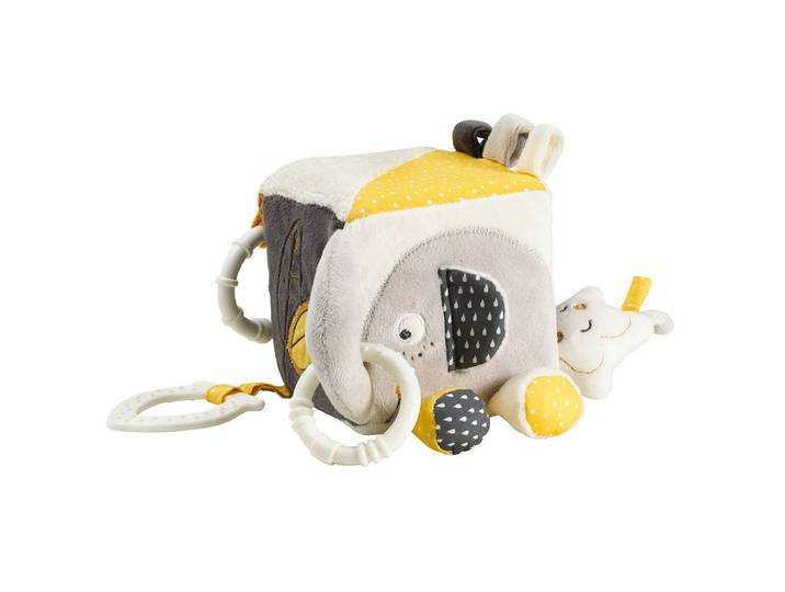 Cube d'activités bébé éléphant en velours gris et jaune - BABYFAN - SAUTHON