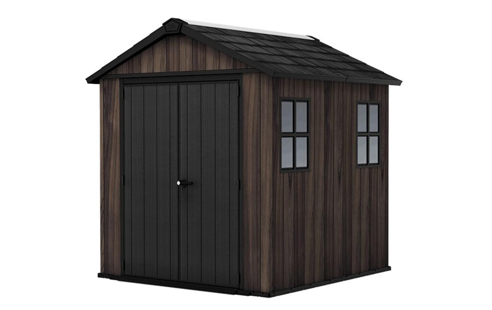 Keter Apex Gerätehaus 7,5x7, Kunststoff Geräteschuppen mit Oberlicht und Belüftung, abschließbar, wetterfest, Rosenholz Optik