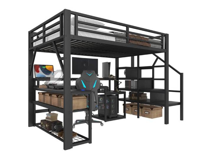 Hochbett 140 x 200 cm métal et MDF bureau intégré rangements LED intégrée ports USB sans matelas noir
