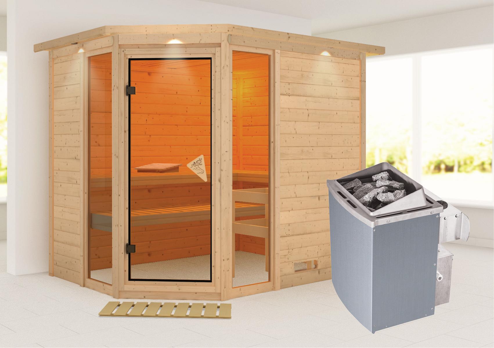 KARIBUHOLZT Sauna Sinai 3 Eck 9kW integr. Stg bronz.GGT u. DK 08288617