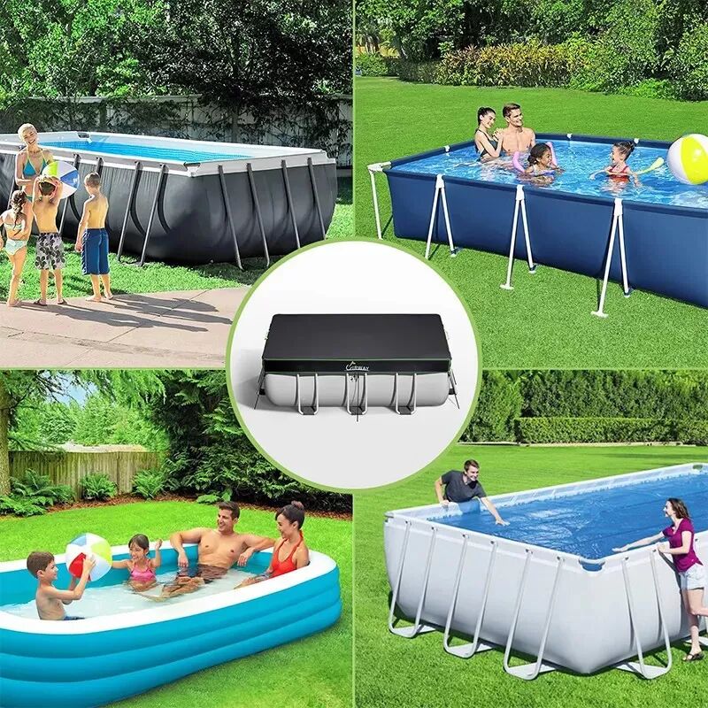 INF Couverture de piscine rectangulaire noire en tissu Oxford avec sacs lestés et corde