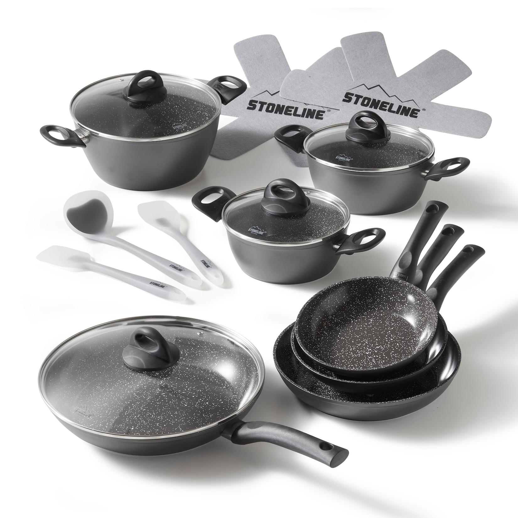STONELINE CERAMIC Kochgeschirr Set, 16-teilig, mit Glasdeckeln, induktionsgeeignet, PFAS-freie Antihaftbeschichtung mit echten Steinpartikeln, Topfset, Pfannenset