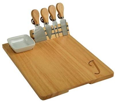 Picnic at Ascot Monogrammed Hardwood Charcuterie Board with Cheeese Knife Set and Ceramic Dish