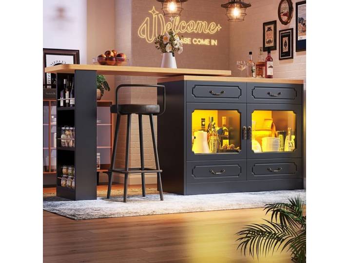 Îlot de cuisine rétractable avec LED table à manger pivotante à 360° desserte de cuisine à 4 tiroirs et étagère à snacks - Noir
