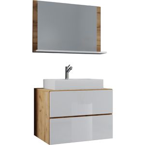 VCM Waschtisch Lendas, mit Spiegel, hängend, weiß/honig eiche, Aufsatzwaschbecken aus Keramik, (B/H/T) 80 x 52 x 52 cm