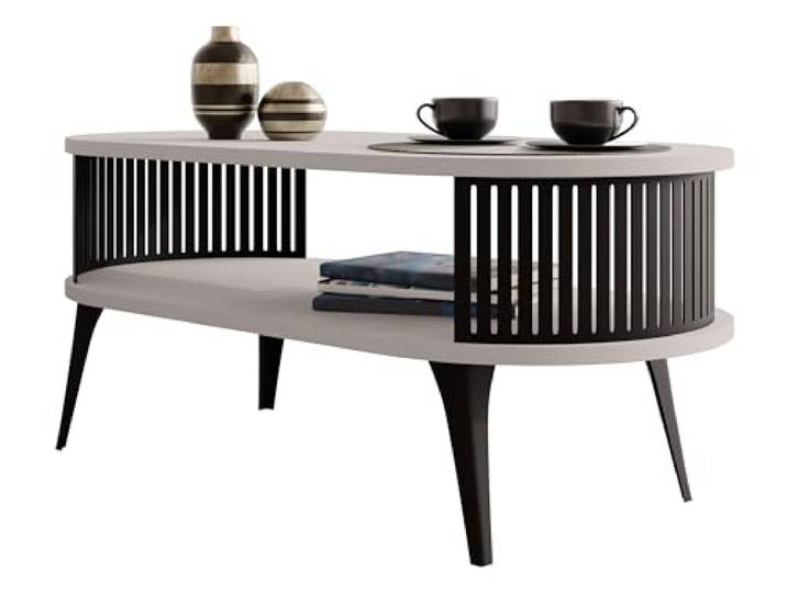 Mirjan24 Couchtisch Rajkon, ovale Form (Cashmere, Schwarz) Moderner Wohnzimmertisch mit praktischer Ablage, pulverbeschichtetem Stahlgestell und pflegeleichter Oberfläche