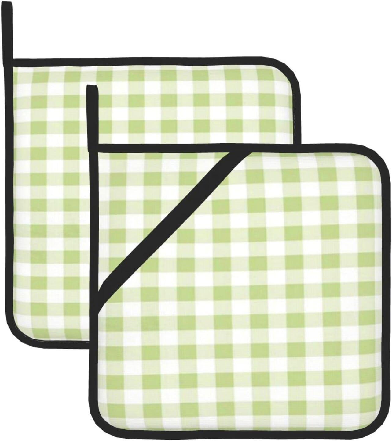 Topflappen, isolierter Topflappen, dick, hitzebeständig, zum Grillen, Kochen, Backen, 2 Stück,Gingham-Karo-Grün-Weiß-Muster