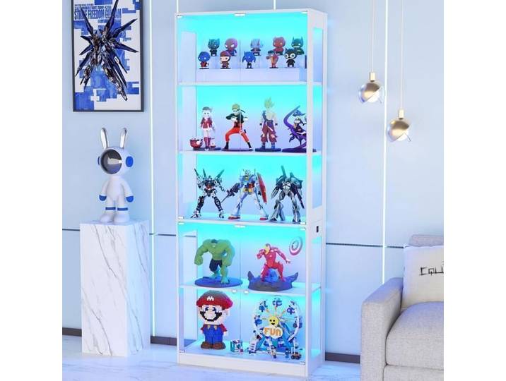 Vitrine d'Exposition - Meuble de Rangement -VOWNER- Armoire Verre LED 5 Niveaux - Détecteur de Mouvement - 205x80x35cm - Blanc