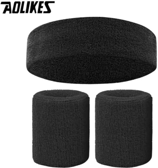 Inspire Picks AOLIKES Sports Sweatband Set Terry Cloth Headband & Wristbands Moisture Wicking Sweat Absorbing Gear For Gym, Running black