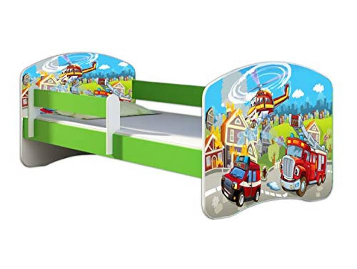 ACMA Kinderbett 160x80 Jugendbett mit Matratze, Farbe Grün, Rausfallschutz Lattenrost II Spielbett Kinderzimmer Möbel, 36 Feuerwehr