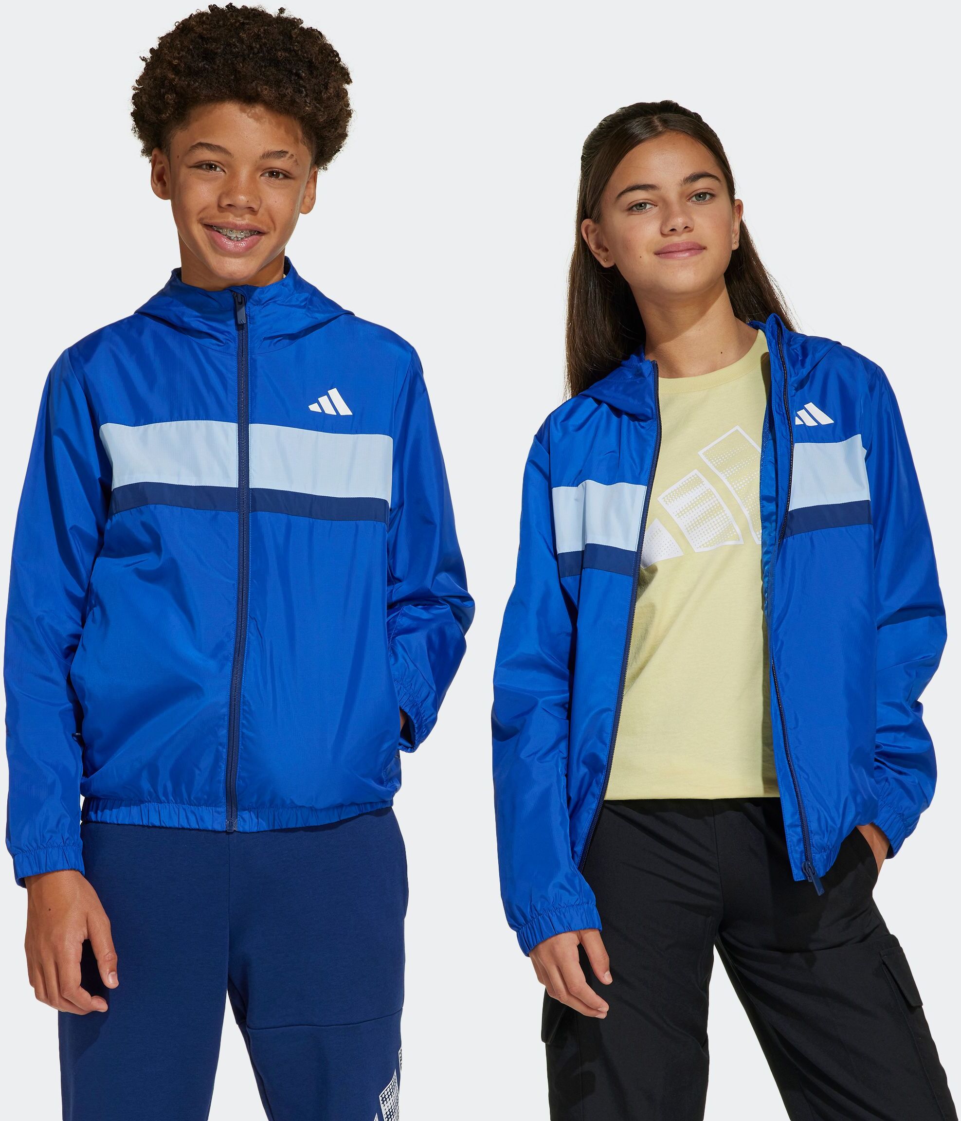 Windbreaker ADIDAS SPORTSWEAR "TIBERIO KIDS", Mädchen, Gr. 164, weiss (royal blau, glow blau, dunkelblau, weiß), Obermaterial: 100% Polyester, Jacken Windbreaker royal blau, glow blau, dunkelblau, weiß 164