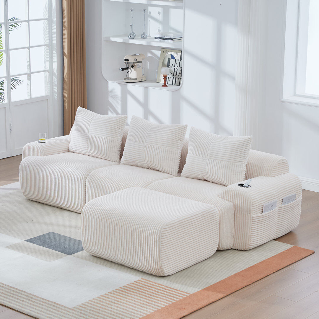 Brayden Studio 3 Seater Corduroy Sofa Beige 80cm H X 268cm W X 174cm D
