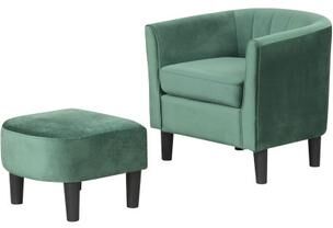 Costway Upholstered Teddy Velvet Club Barrel Chair with Ottoman with Footrest-Green