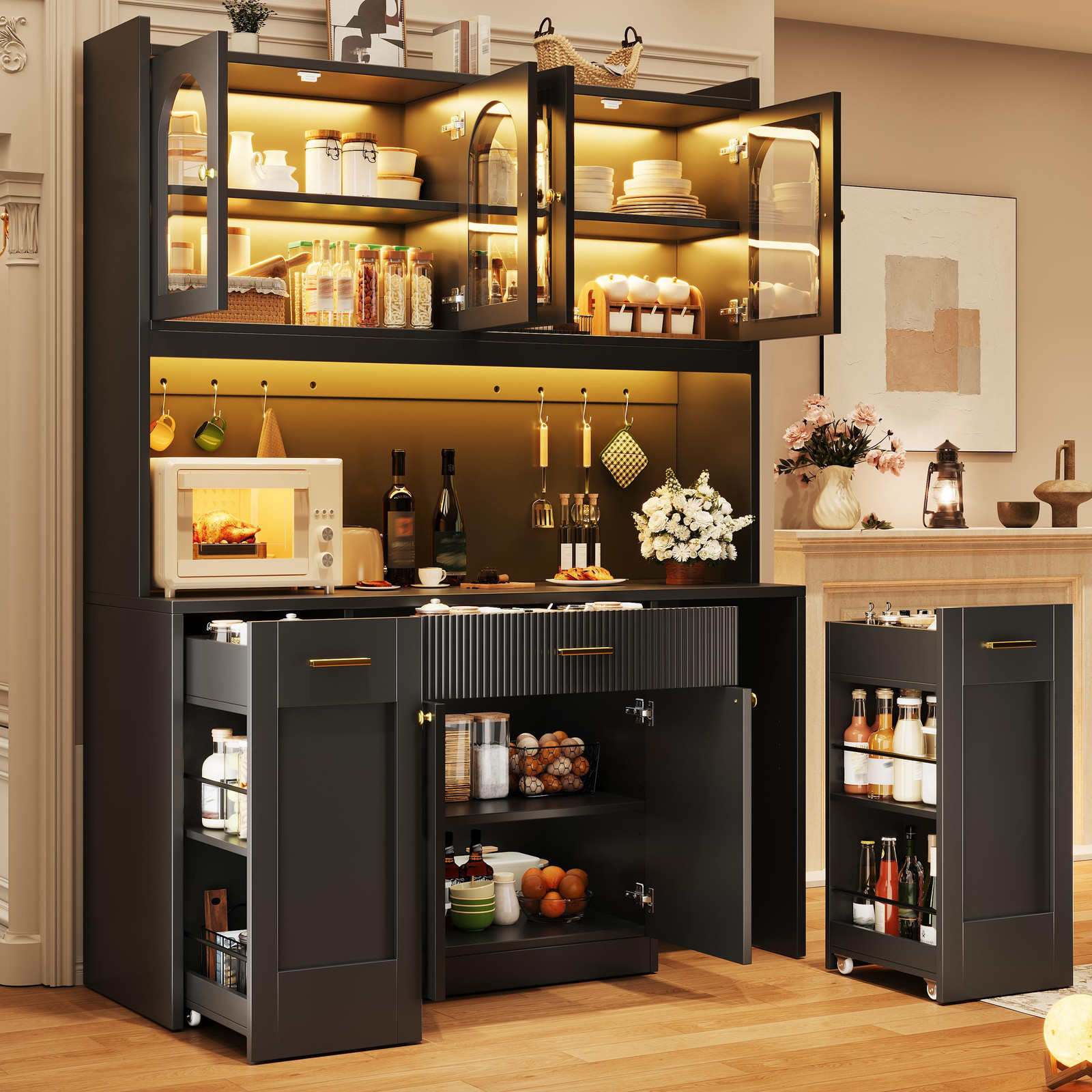STILVORA Keukenkast met RGB-LED-verlichting, App-bediening, 3 Glazen Vitrines, Lades en Uitschuifbare Planken