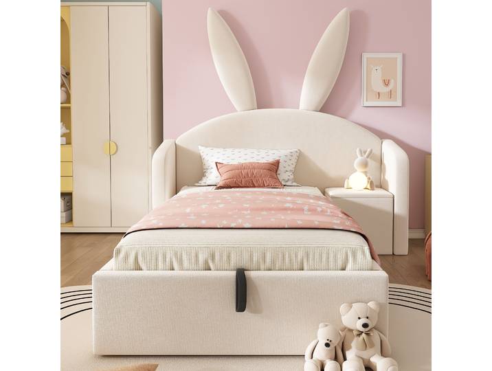 Lit coussiné en velours pour enfants KOMHTOM avec tête de lit mignonne en forme d'oreilles de lapin, rangement hydraulique sous le lit et table de chevet intégrée