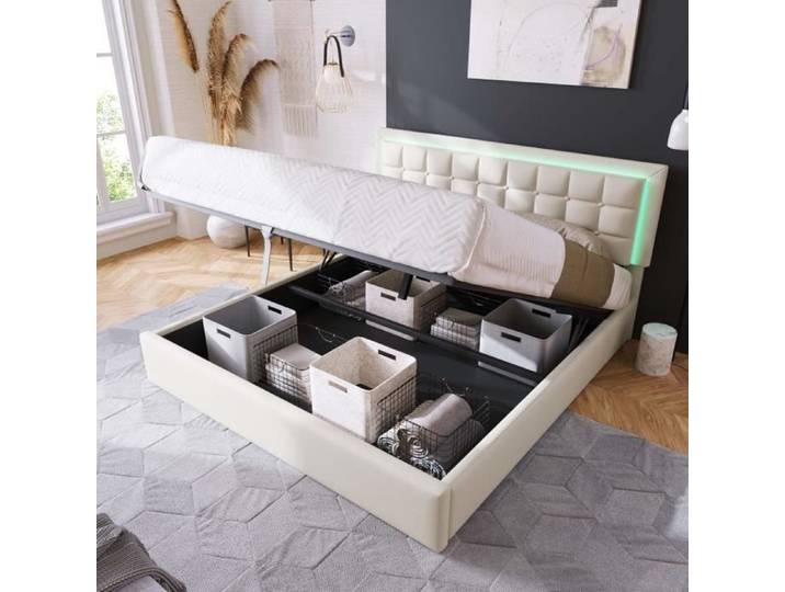 Lit coffre 160x200cm - MODERNLUXE - Blanc - A lattes - Avec tiroirs