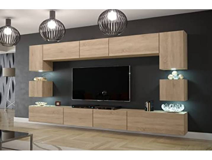 Furnitech Wohnwand Wohnzimmer Möbel (Sonoma Eiche) ohne LED - Hängend Wohnzimmerwand Modern - Schrankwand mit Regale und TV Schrank (Nowara AN1-17S-M50 1C)