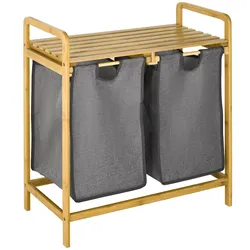 HOMCOM Wäschesammler Wäschekorb, 2 Wäschesäcke, 2 Griffe, Bambus, 63,5 x 33 x 73 cm, Grau + Natur