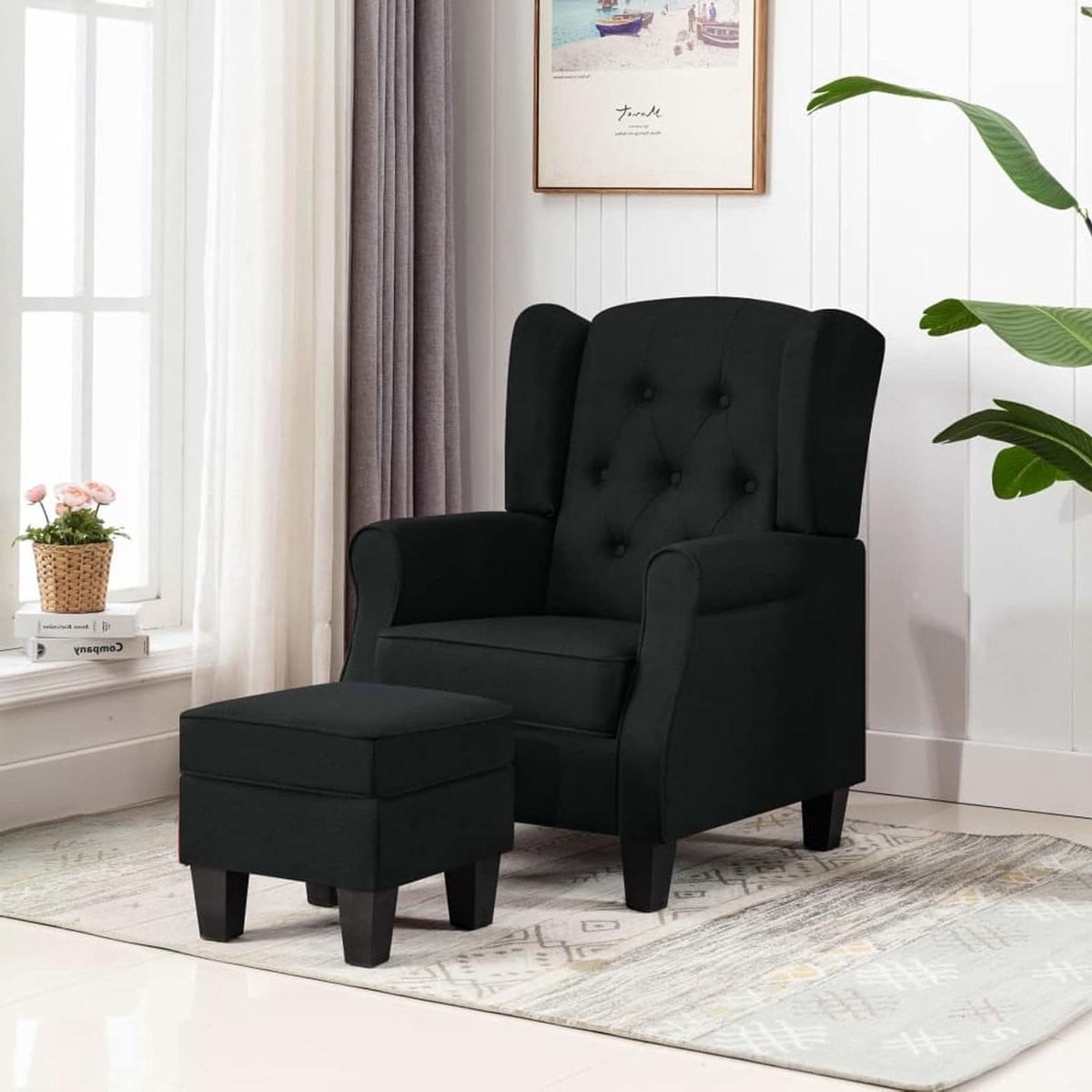 Gecheer Chesterfield Relaxstoel van stof met voetensteun, zwart