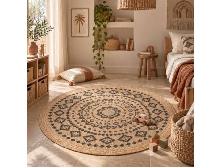 Nele Ethno - Tapis en fibre naturelle de jute - Fait à la main - Rond