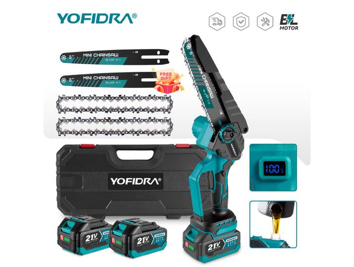 Scie à chaîne électrique sans fil YOFIDRA 8 pouces, rechargeable, pour travaux de menuiserie, jardinage et élagage, compatible avec les batteries Makita.