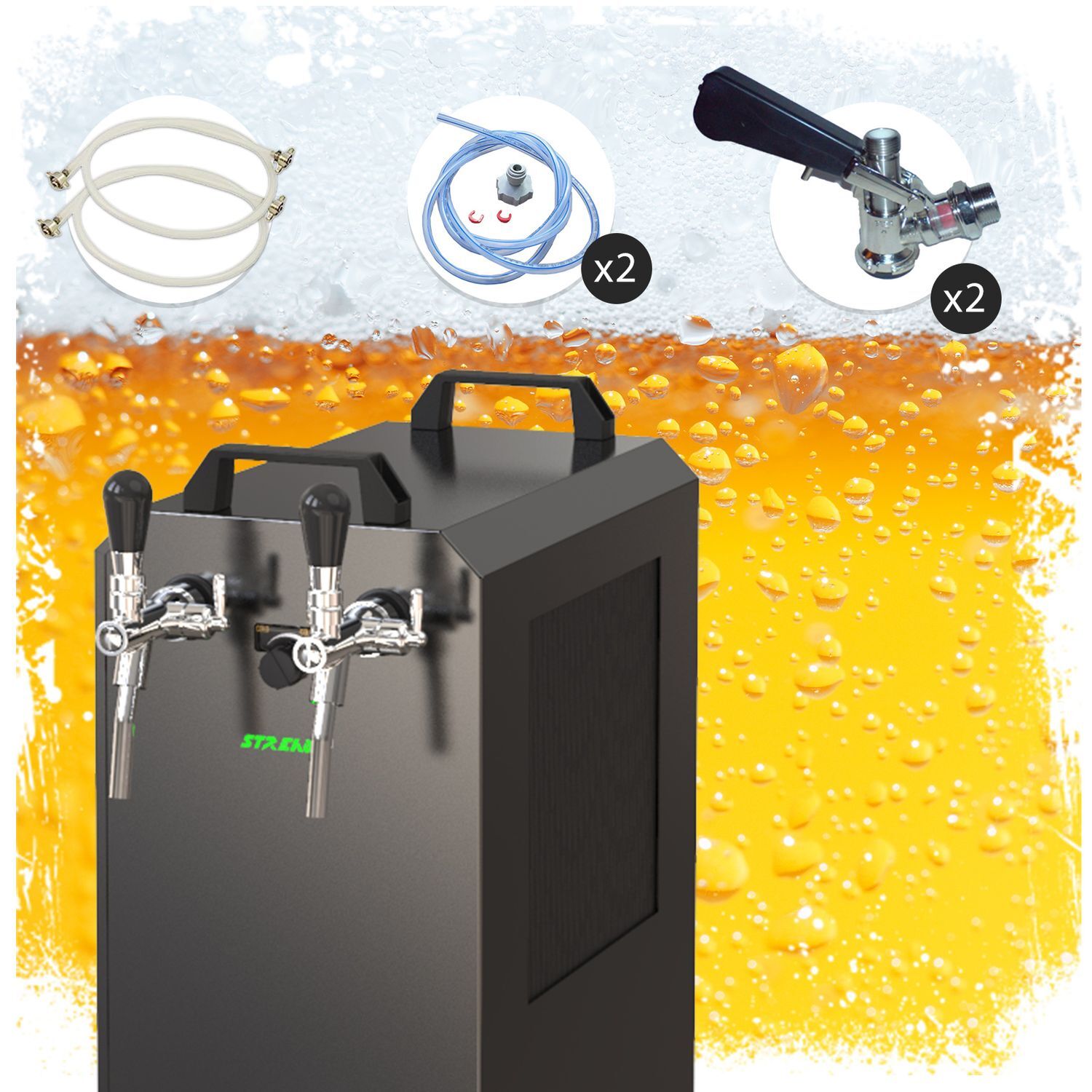 Komplett Set - Zapfanlage STREAM 80K mit Luftpumpe Bierkoffer, Bierzapfanlage, Durchlaufkühler 2-leitig Trockenkühler, Zapfkopf:5 Liter Adapter,Zapfkopf 2:NC Adapter