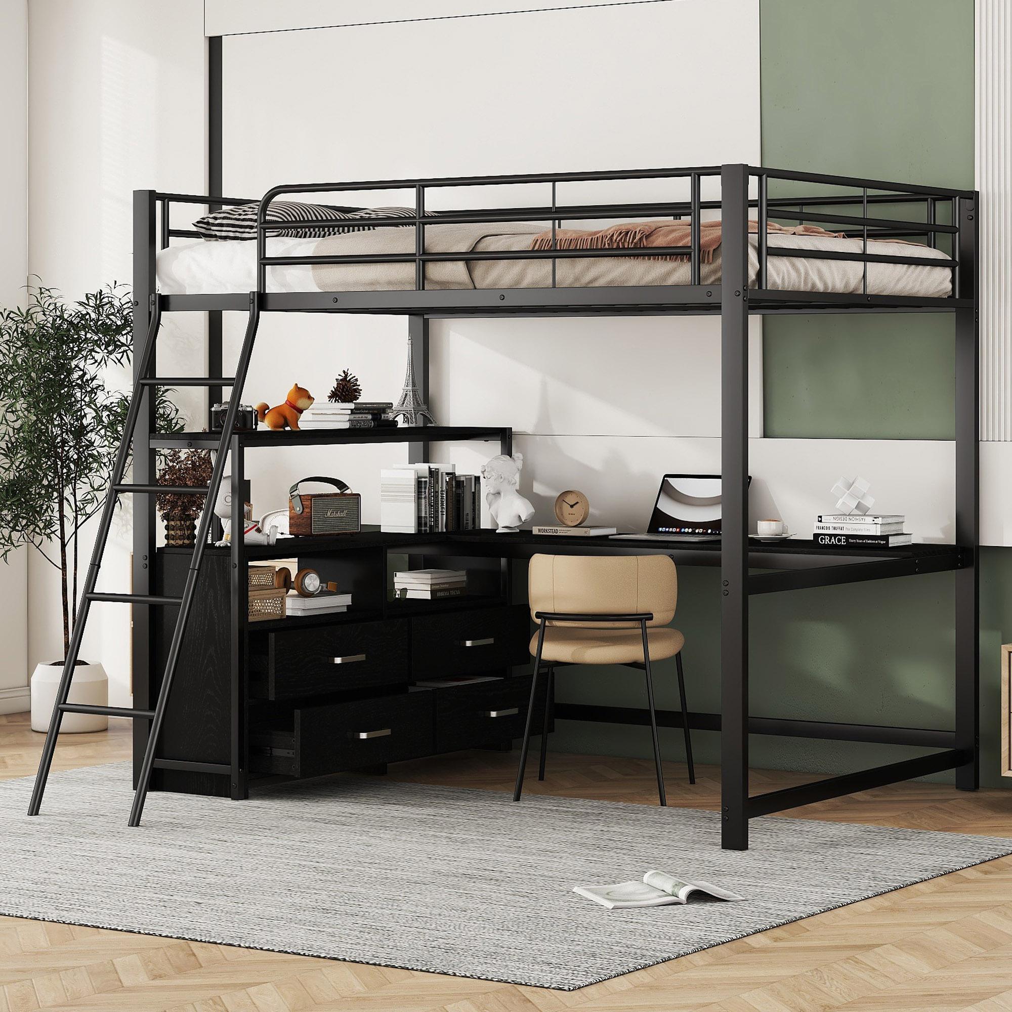 Merax Etagenbett 140x200cm, Metallbett Kinderbett mit L-förmigem Schreibtisch, 4 Schubladen, Regale, Hochbett, Stockbett, Jugendbett, Schwarz