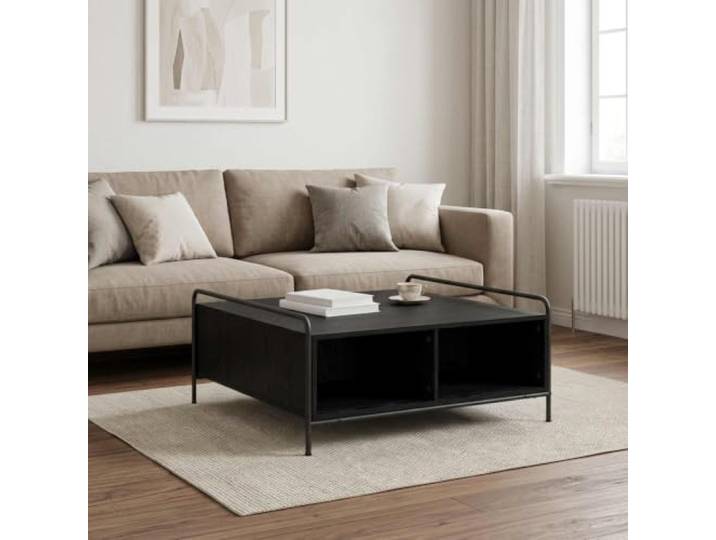 KUTYWEXFM Couchtisch Schwarz Eichen-Optik 90x90x41 cm Holzwerkstoff Vier offene Stauraumfächer bieten ordentlich Platz für Bücher im Wohnzimmer, stabiler Stahlrahmen in dunkler Ausführung.