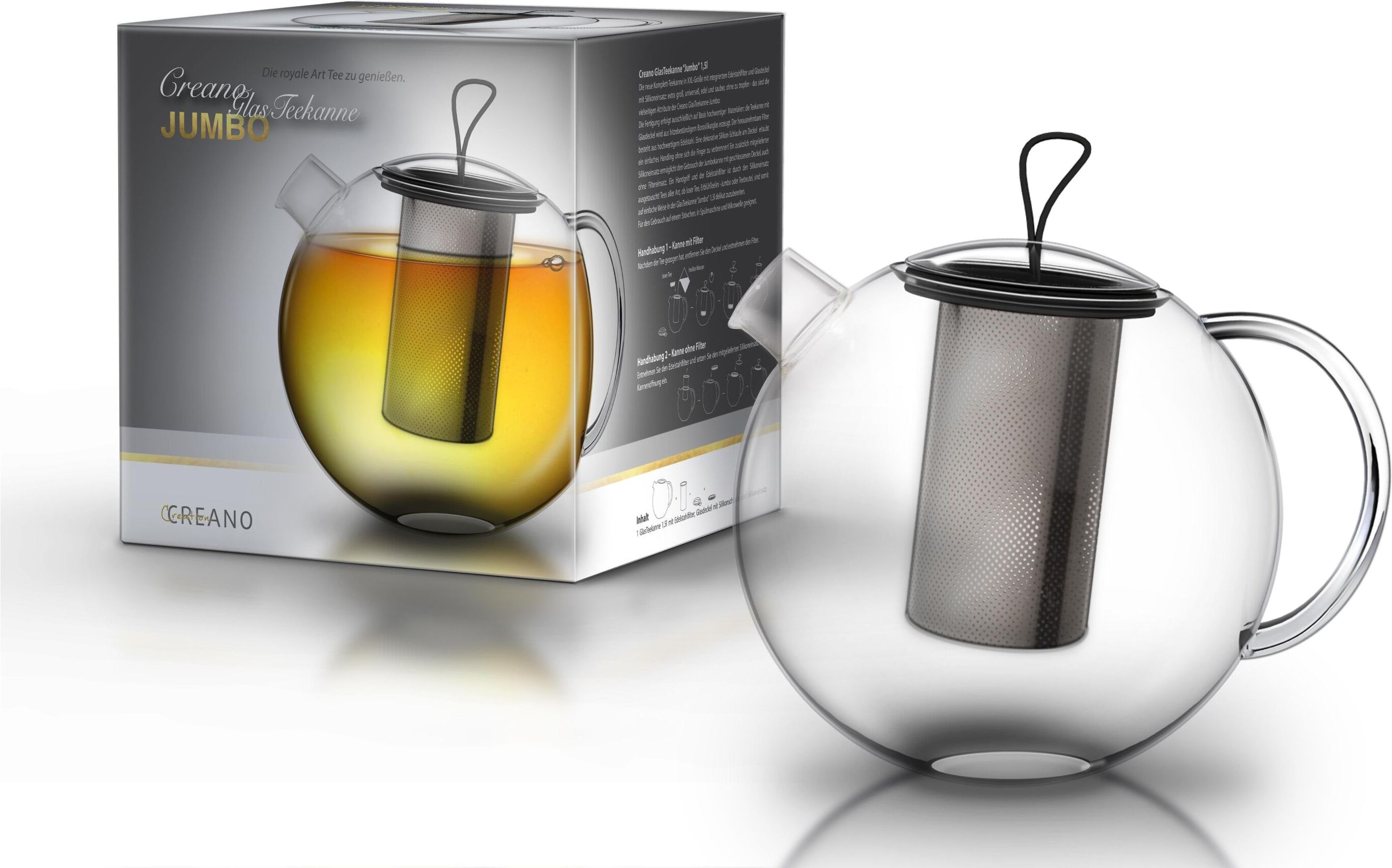Teekanne CREANO "Jumbo 2 l", transparent, 2 l, Borosilikatglas, Kannen, Teekanne transparent 2 l