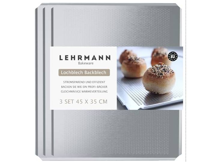 LEHRMANN 3-Pack Perforated Baking Trays 45 x 35 cm, 1.5 mm Aluminium, 3 mm Holes, for Bread Rolls, Baguettes and Pastries, Compatible with Selected WIESHEU, Eloma, MIWE, Siemens, Bosch and Neff Ovens