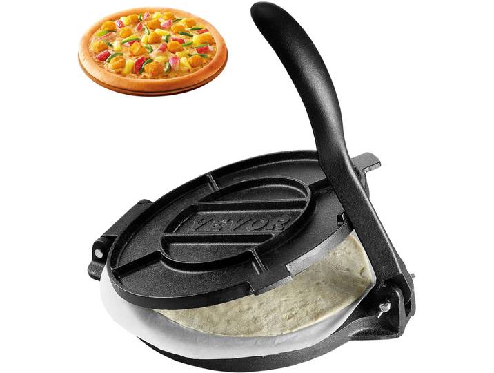 VEVOR Tortillapers\, 25cm Tacopers\, Zware Gietijzeren Tortillapers\, Voorgekruide Tortillamaker Tortillamaker met 100 Stuks Perkamentpapier\, Deegmachine voor Meeltortilla\, Zwart