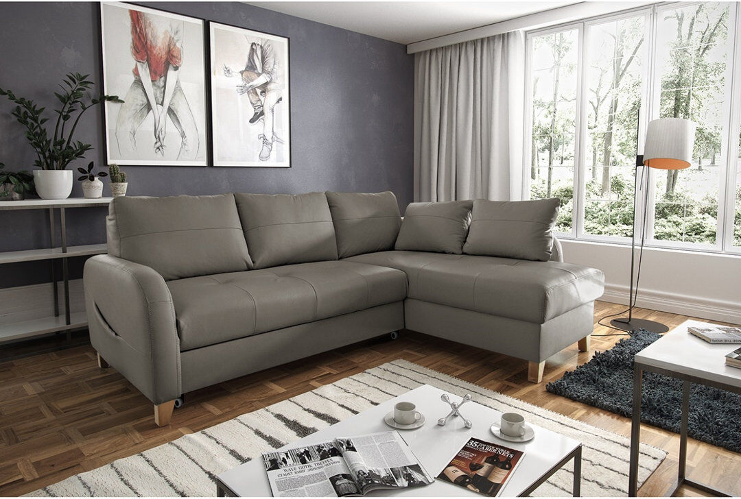 Latitude Run Alvaretta Leather Corner Sofa with Sleeping Function and Underseat Storage Grey 87cm H X 227cm W X 168cm D