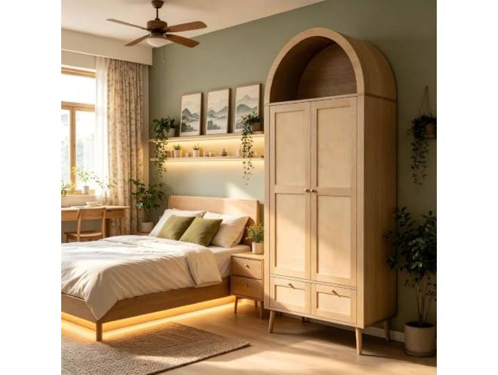 Schrank mit Bogenaufsatz, MDF & PE-Rattan, 2 Türen + 2 Schubladen (Naturfarbe)