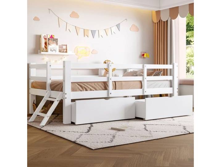 Lit enfant - PAGE LIVING - Lit-plateforme enfant - 90x200 cm - 2 tiroirs - Barrières de sécurité