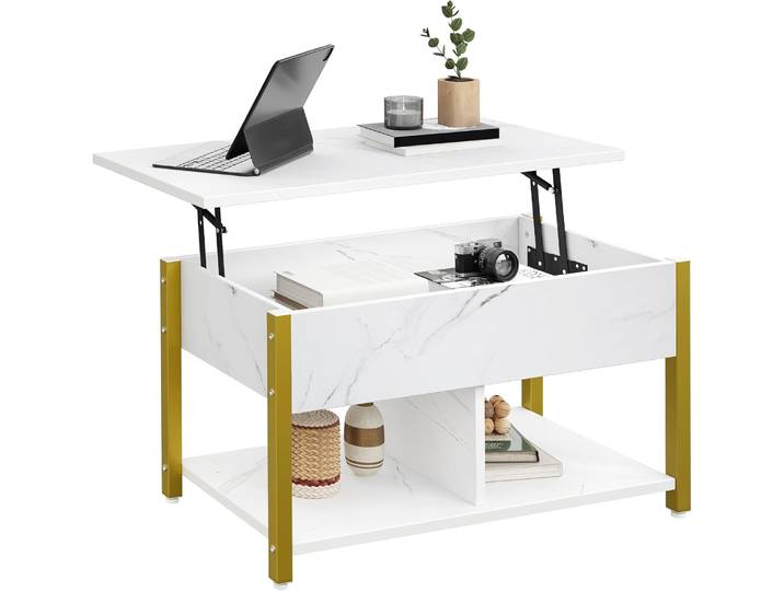 Coffee Table, Portable Tray Table, Living Room Table, Dining Table, Two Open Compartments, Modern Design, 90x47,8 X ~ 61,7 Cm, Brown/White/Wood Color