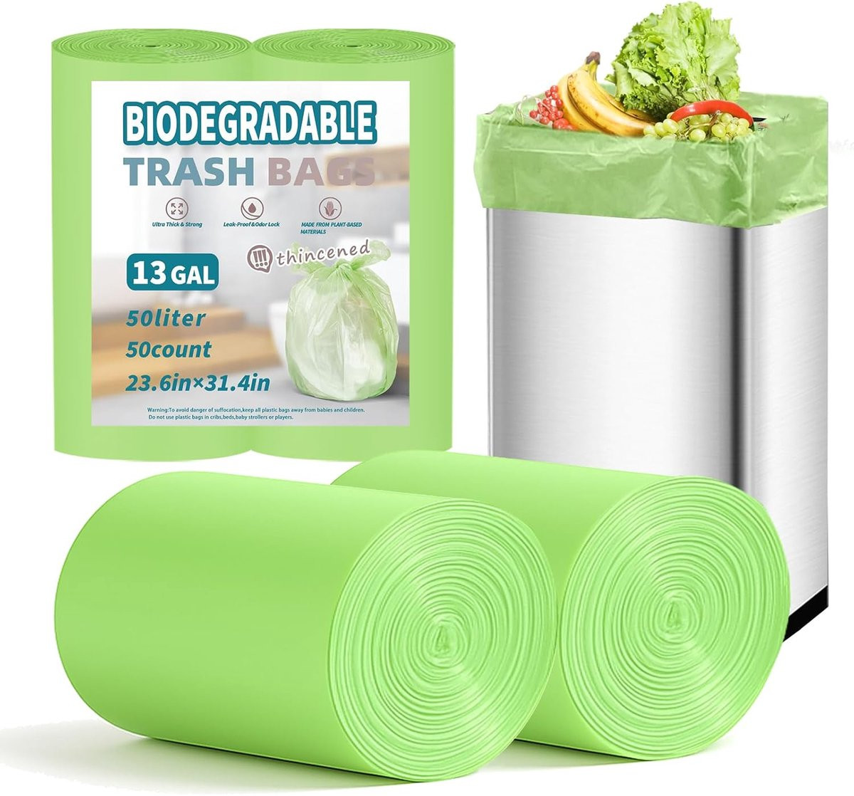 Composteerbare vuilniszakken voor de keuken, 50 liter, 50 stuks, groen