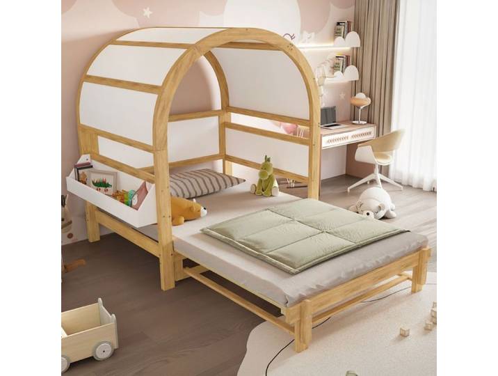 Lit gigogne enfant - SOGEU - Cabane voûtée - 140x200 cm - Pin massif - Étagère latérale